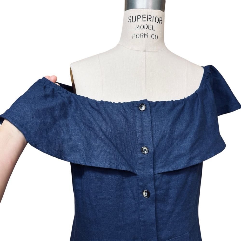 Saks Fifth Avenue Linen Off Shoulder Dress Size 14 Blue Sustainable Cottagecore - Picture 3 of 10